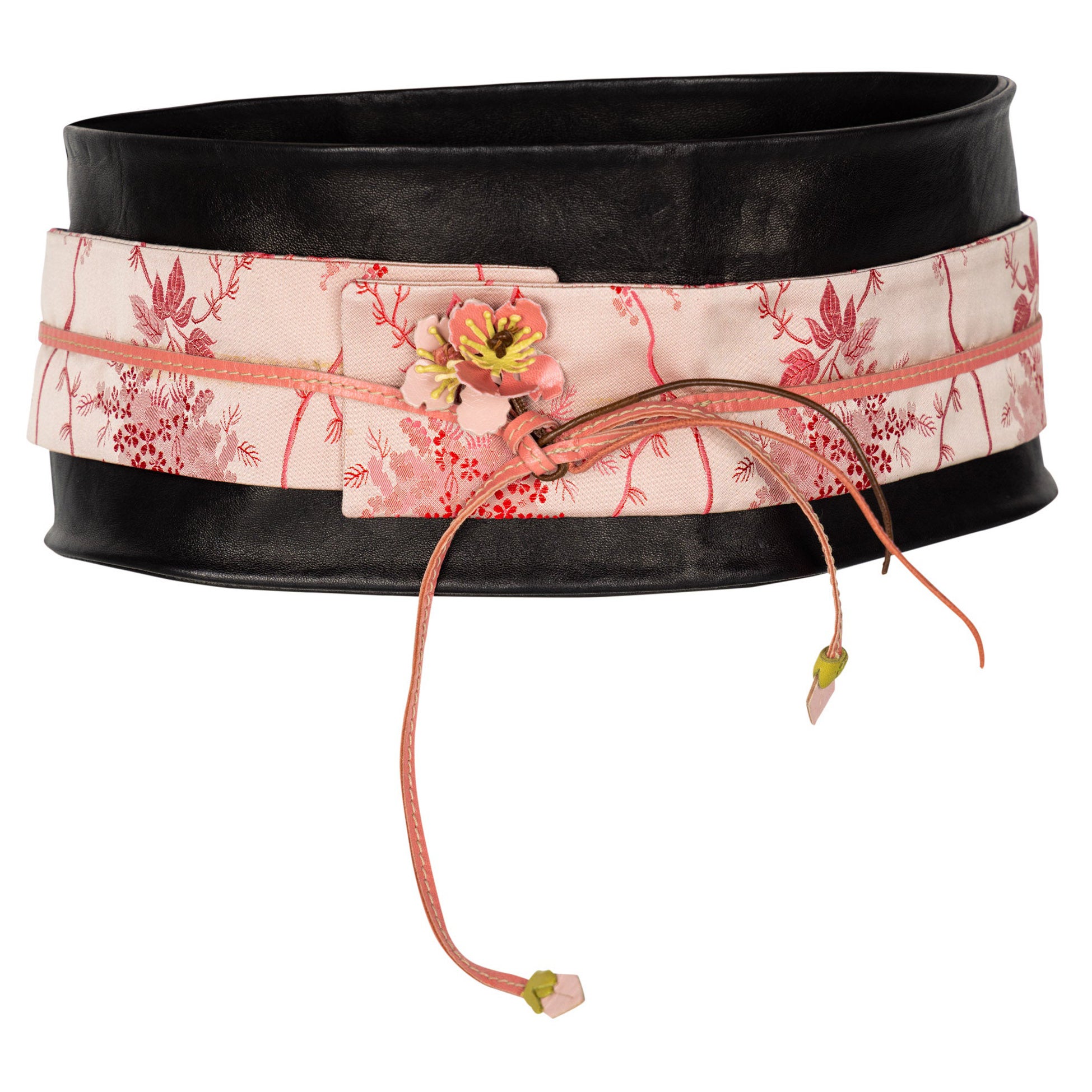 Prada Cherry Blossom Leather Silk Obi Kimono Belt 1990 en vente