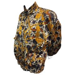 1980s Escada Dog with Chains and Logo Medallion Print Silk Bomber Jacket 10
