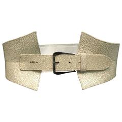 Oscar de la Renta Ivory Crackle Leather Sculpted Wide Belt 3