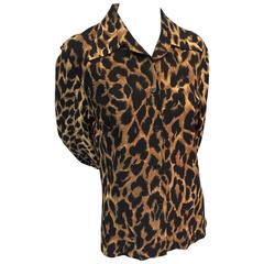 1960s Marchesa di Grésy Wool Knit Leopard Print Button-Down Blouse - I. Magnin