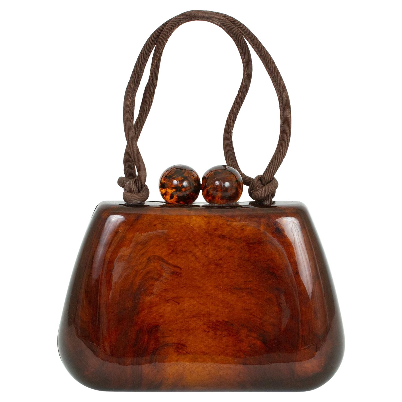 Bolta Lucite Faux Tortoiseshell Handbag with Oversize Ball Clasp – 1950s