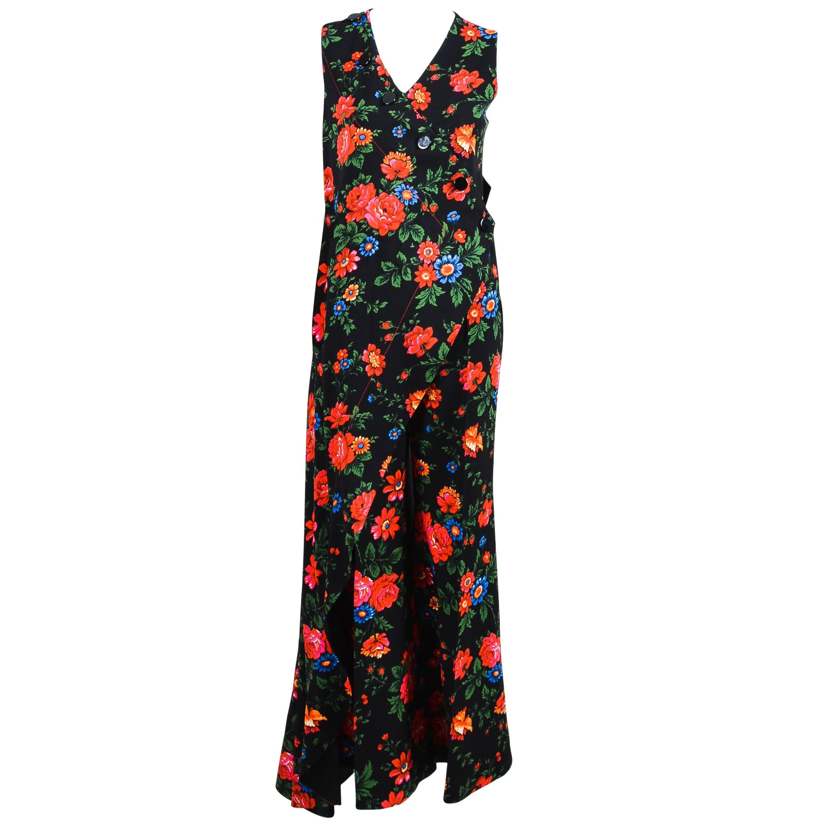 Celine Black Multicolor Crepe Floral Draped Layered Pantsuit Size 38 For Sale