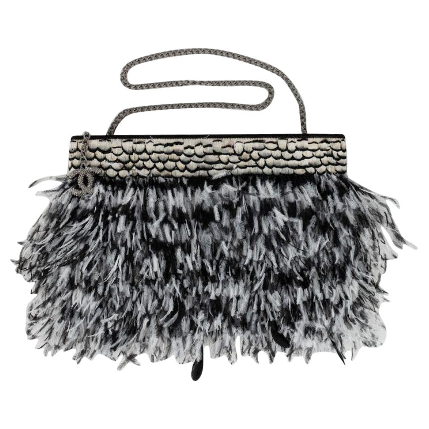Chanel Clutch Silk Bag in Black and White Feathers, 2011 For Sale