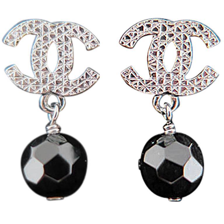 Chanel Silver CC Black Crystal Drop Earrings