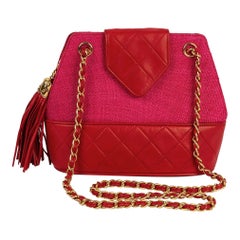 Retro Chanel Quilted Red Leather and Panama Straw Bag, 1989-1991