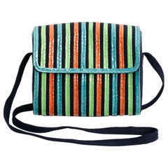 Retro Yves Saint Laurent Multi-Color Raffia and Blue Canvas Bag