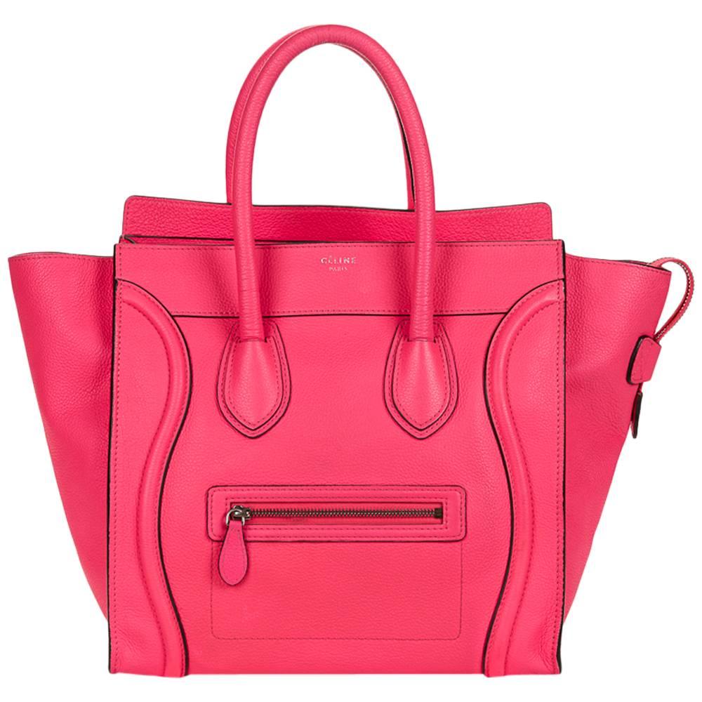 2011 Céline Neon Pink Drummed Leather Mini Luggage Tote