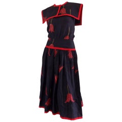 1980er Valentino Blu Rotes Leinenkleid