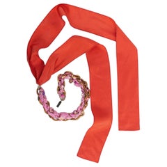 Nina Ricci Gilded Metal, Pink Rhinestones, and Ribbon Necklace