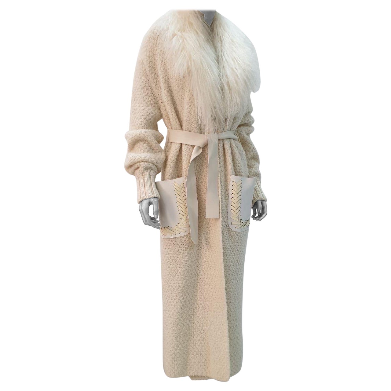 Fendi Ivory Long Knitted  Leather Parts Coat Cardigan Sz.S/M