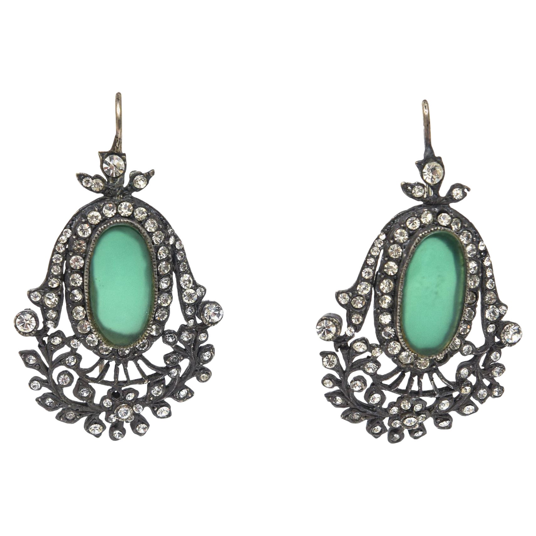 Vintage Czech Rhinestone, Rhodium, Silver, Green Glass Dangle Pierced Earrings For Sale
