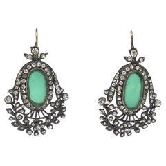 Vintage Czech Rhinestone, Rhodium, Silver, Green Glass Dangle Pierced Earrings