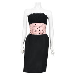 Retro 1988 Chanel by Karl Lagerfeld Black Lace & Pink Polka-Dot Silk Dress