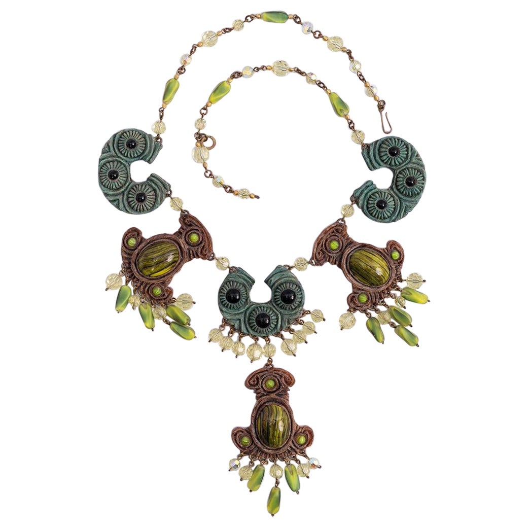 Henry Green and Brown Talosel Bib Necklace For Sale