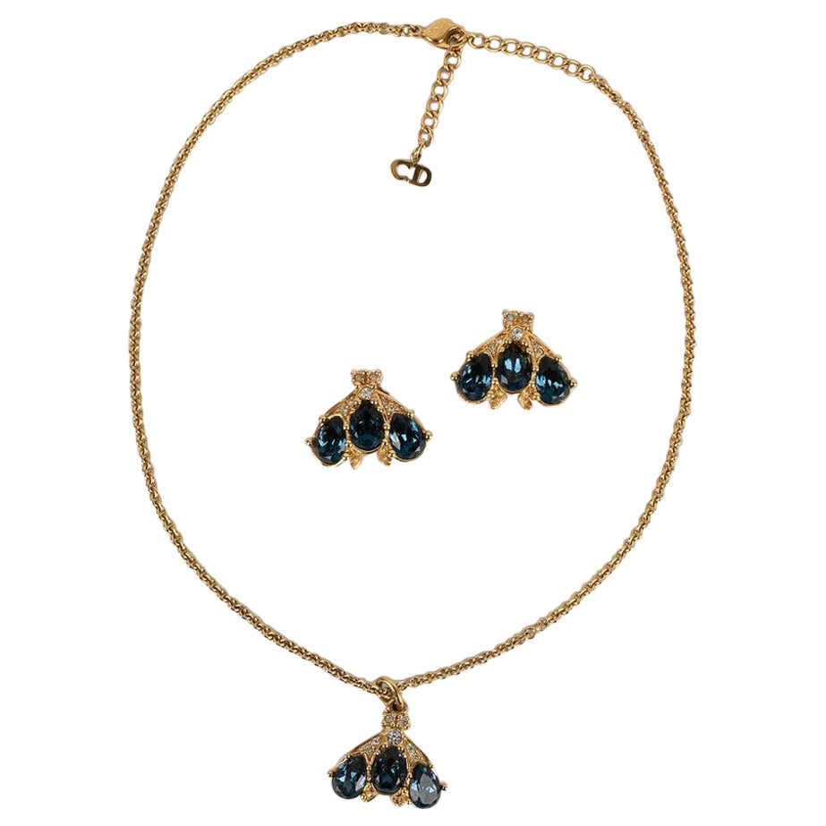 Christian Dior Set of Necklace and Earrings in Gold Metal and Blue Rhinestones For Sale