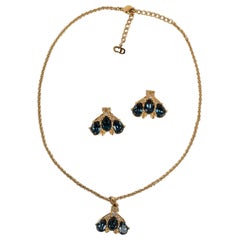 Christian Dior Set of Necklace and Earrings in Gold Metal and Blue Rhinestones