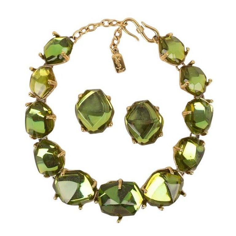 Yves Saint Laurent Set of Necklace and Earrings in Gold Metal and Green Resin For Sale