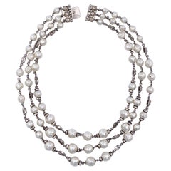 Silver Pated and Three Strands of Baroque Pearly Beads Necklace
