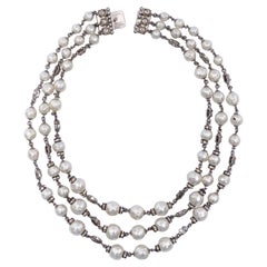 Vintage Silver Pated and Three Strands of Baroque Pearly Beads Necklace