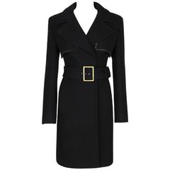 GIANNI VERSACE c.1990s Couture Black Wool Belted Coat Leather Zig Zag Trim 12