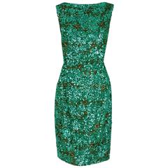 Vintage 1960's Emerald-Green Sequin Beaded Novelty Satin Hourglass Cocktail Party Dress