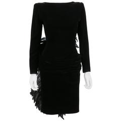 OSCAR DE LA RENTA A/W 1987 Black Velvet Coq Feather Bustle Cocktail Dress Size S 8