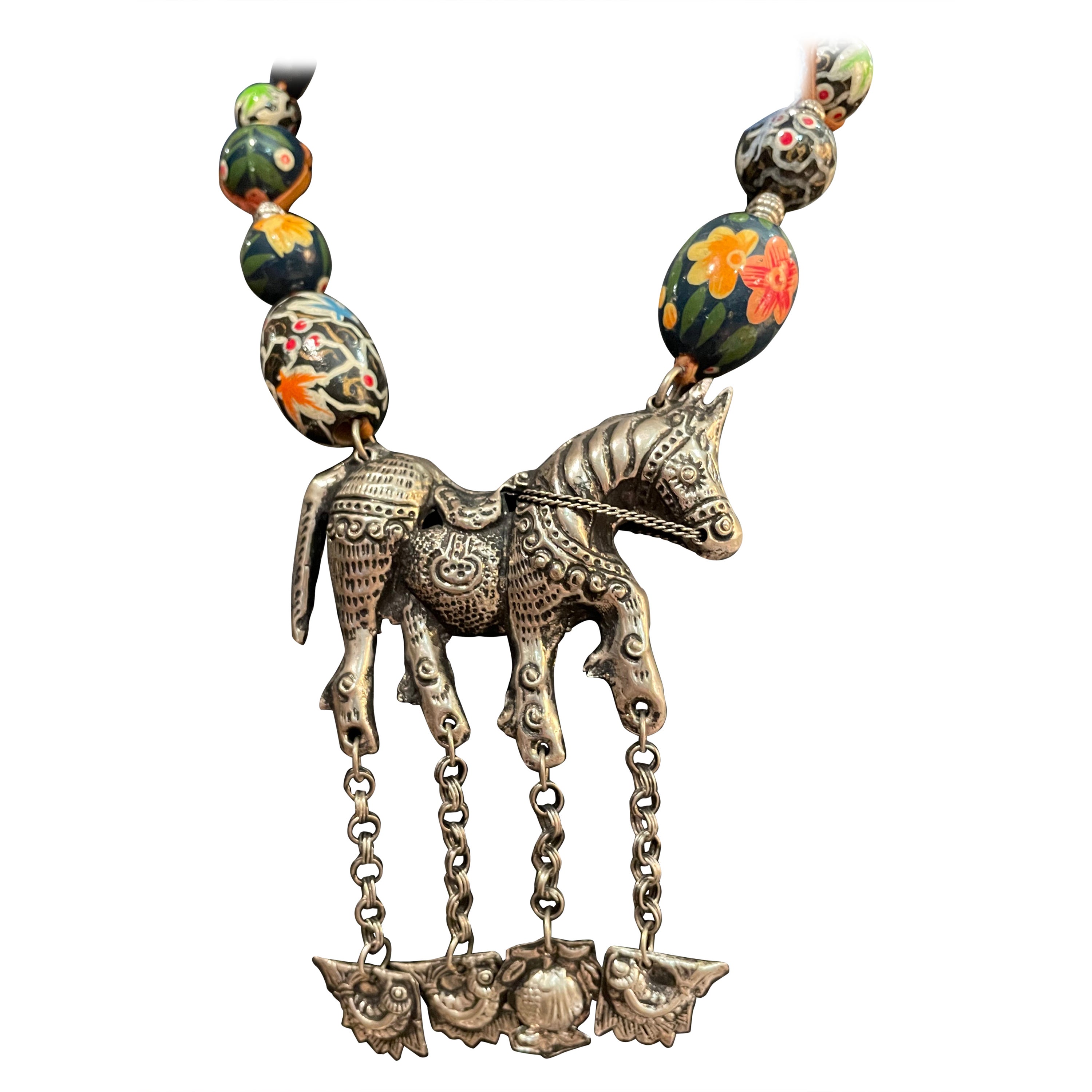 LB Silver Tibetan horse and paper mache painted beads handmade necklace on offer For Sale