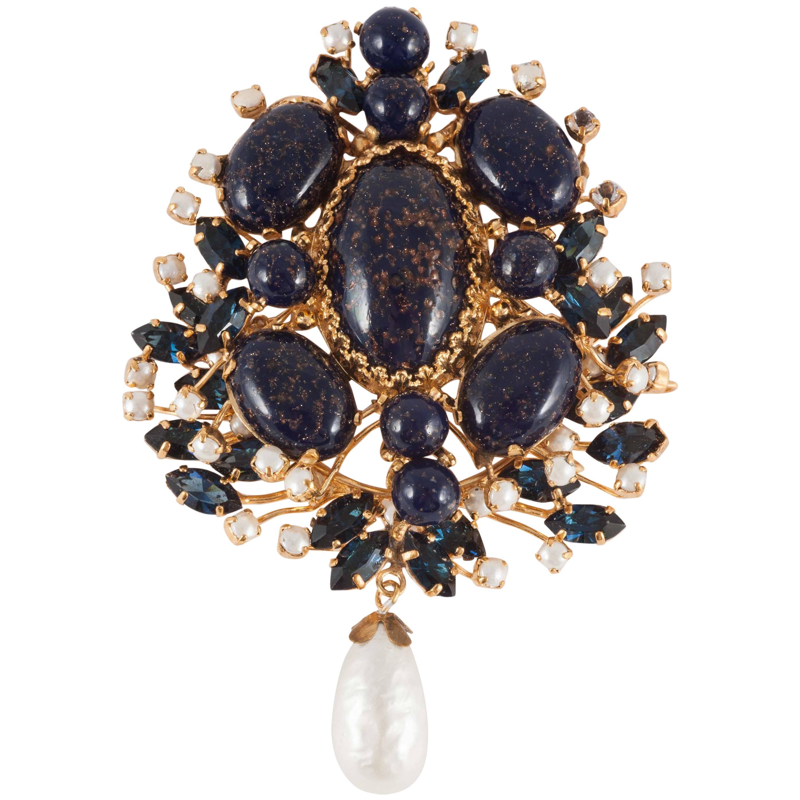 Large poured glass, paste and pearl drop brooch, Maison Gripoix, 1960s.