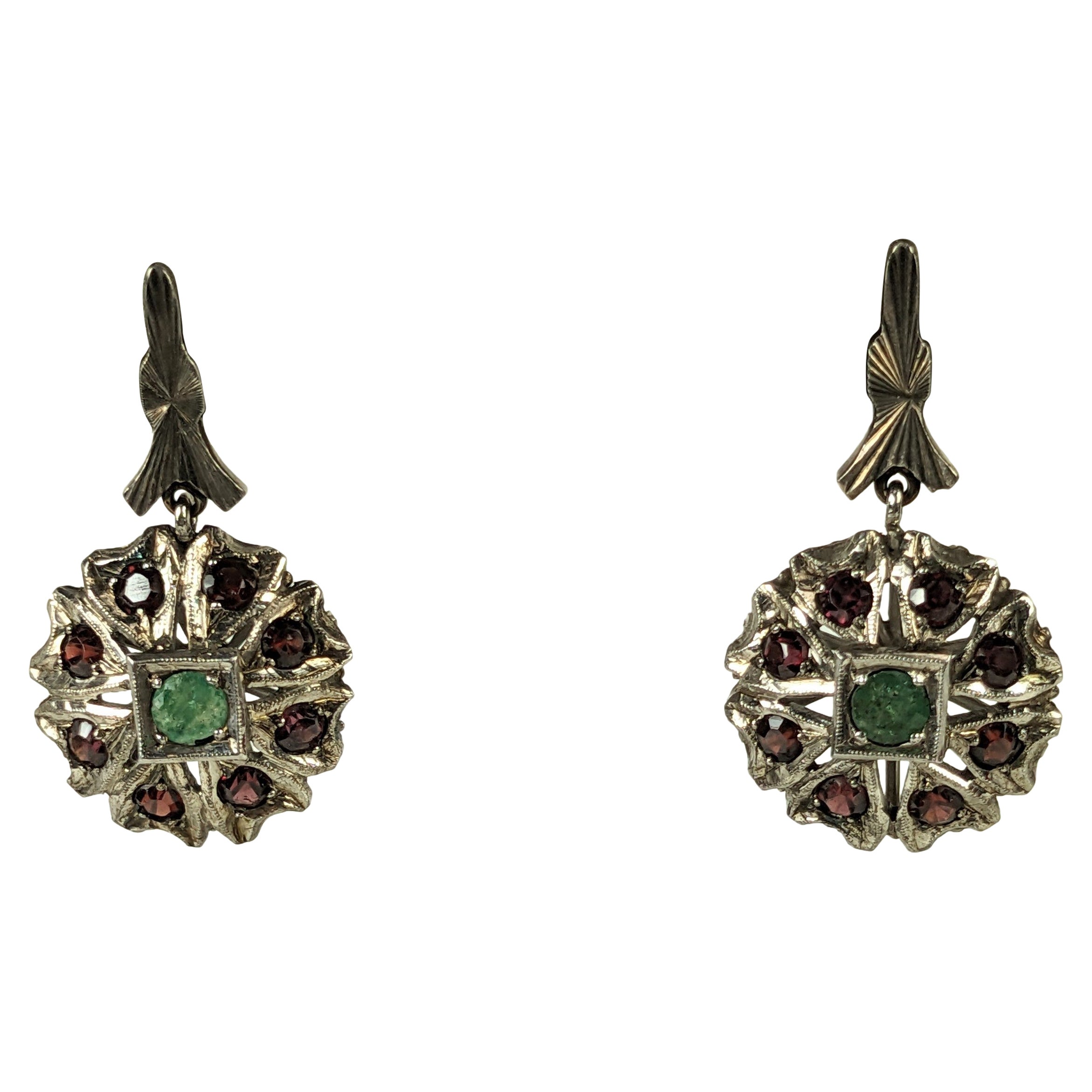 Indian Garnet and Emerald Drop Earrings For Sale