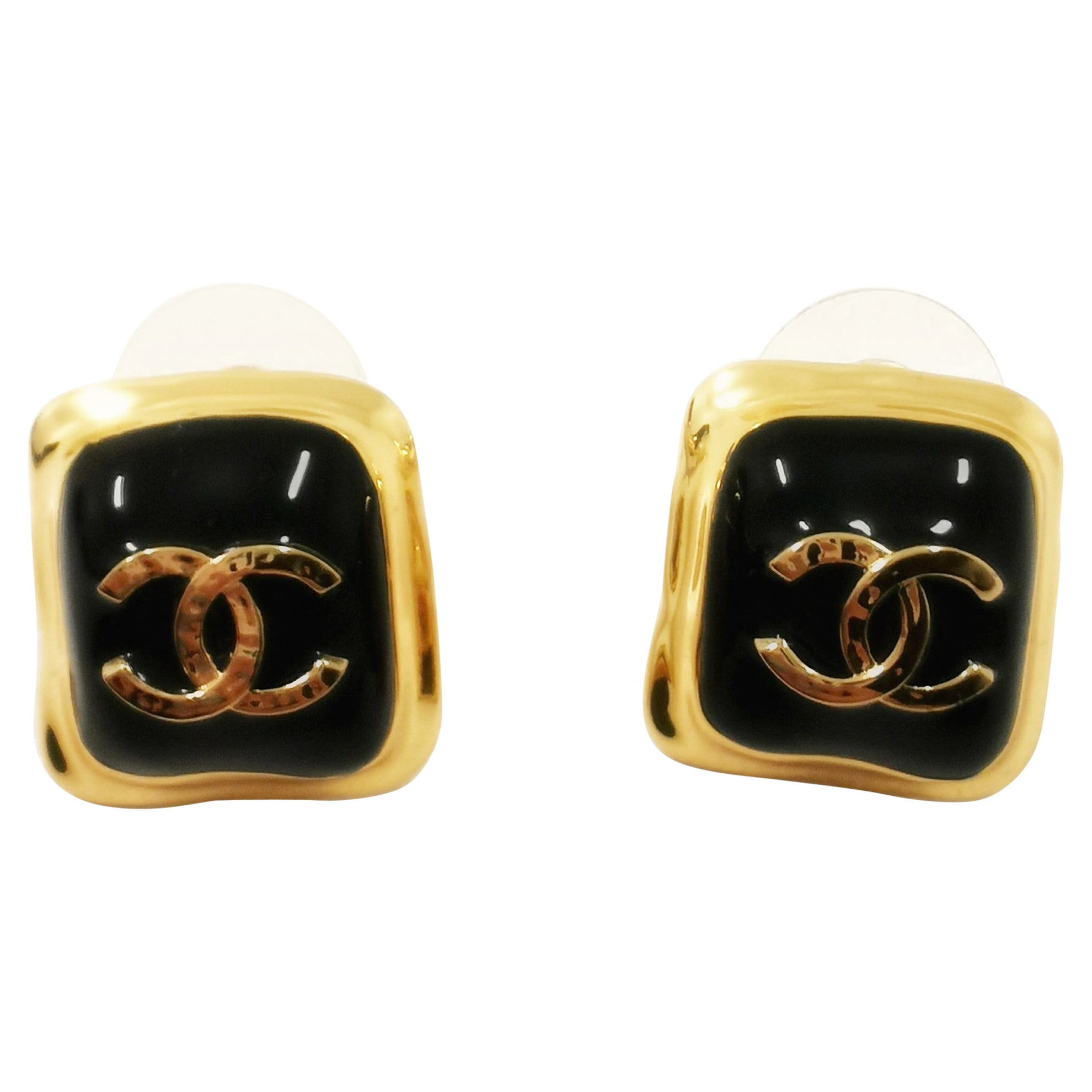 Chanel 23 Runway CC Gold Black Enamel Logo Studs Earrings at 1stDibs