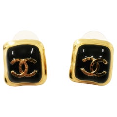Chanel 23 Runway CC Gold Black Enamel Logo Studs Earrings