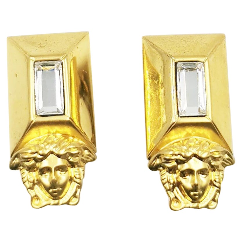 1990's Gianni Versace Vintage Gold Medusa Emerald Cut Crystal Clip On Earrings For Sale