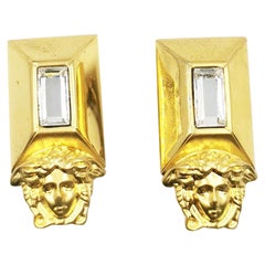 1990's Gianni Versace Retro Gold Medusa Emerald Cut Crystal Clip On Earrings