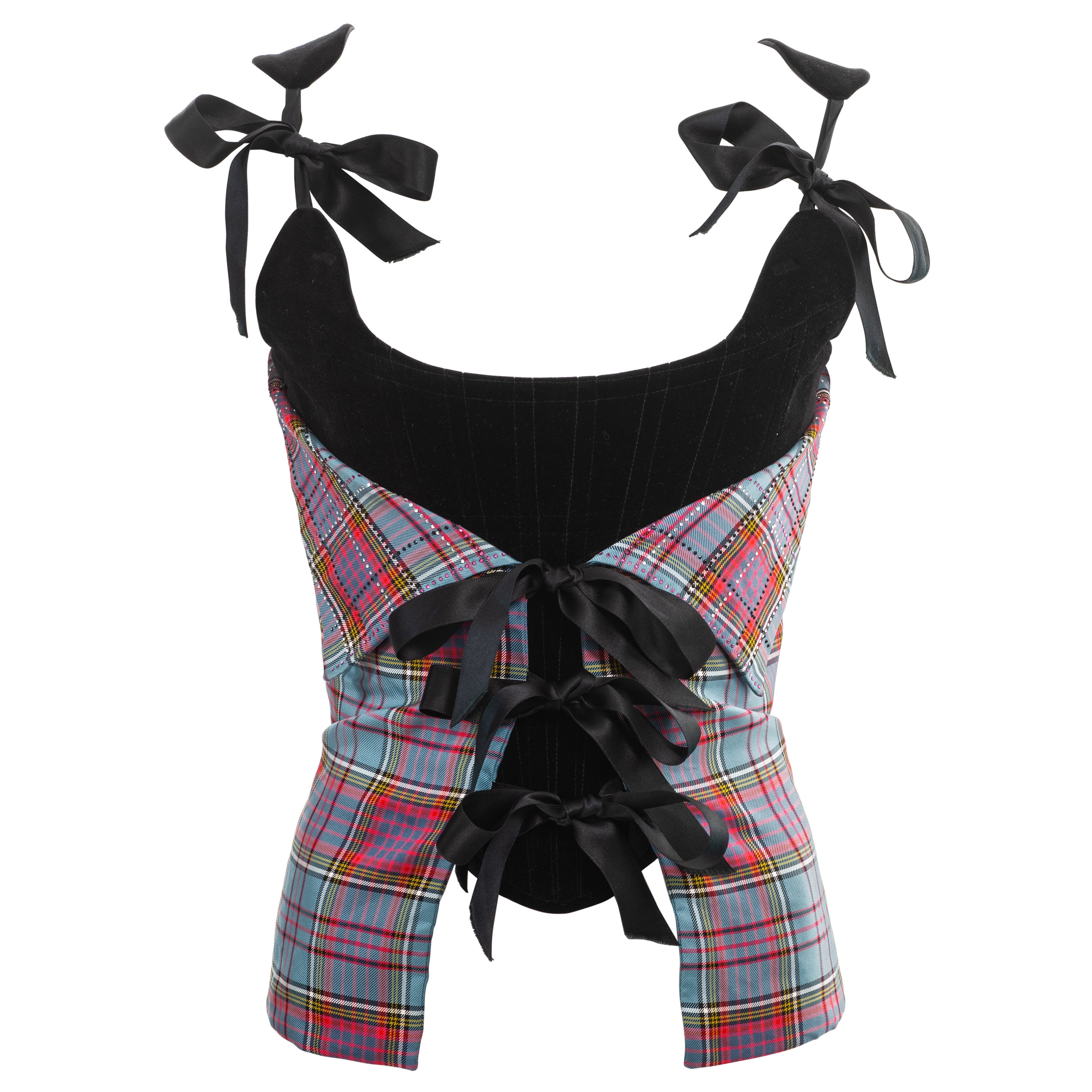  Vivienne Westwood black velvet and tartan silk corset with crystals, fw 1993 For Sale