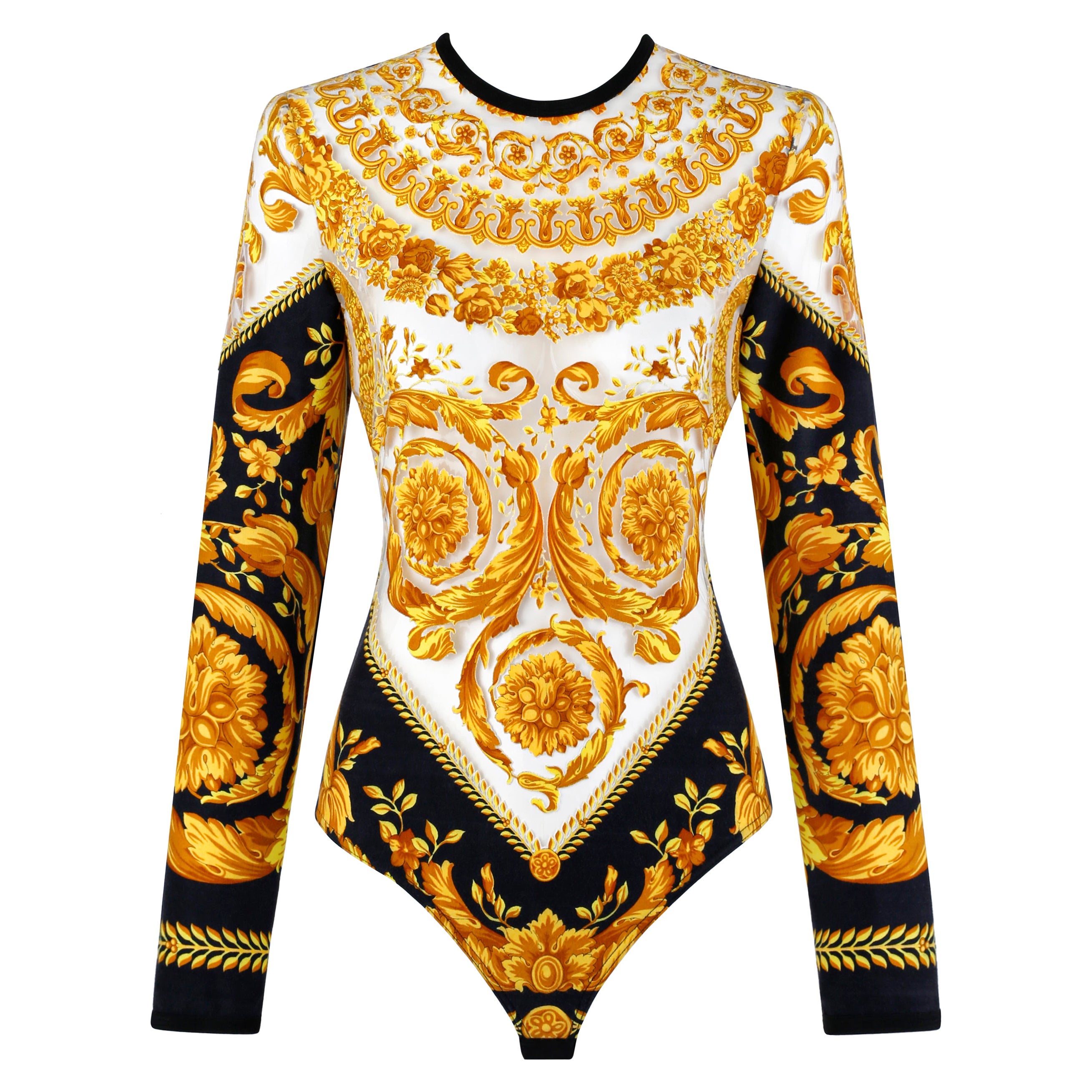 Gianni Versace S/S 1994 Signature Baroque Print Sheer Mesh Illusion Bodysuit  For Sale