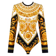 Used Gianni Versace S/S 1994 Signature Baroque Print Sheer Mesh Illusion Bodysuit 