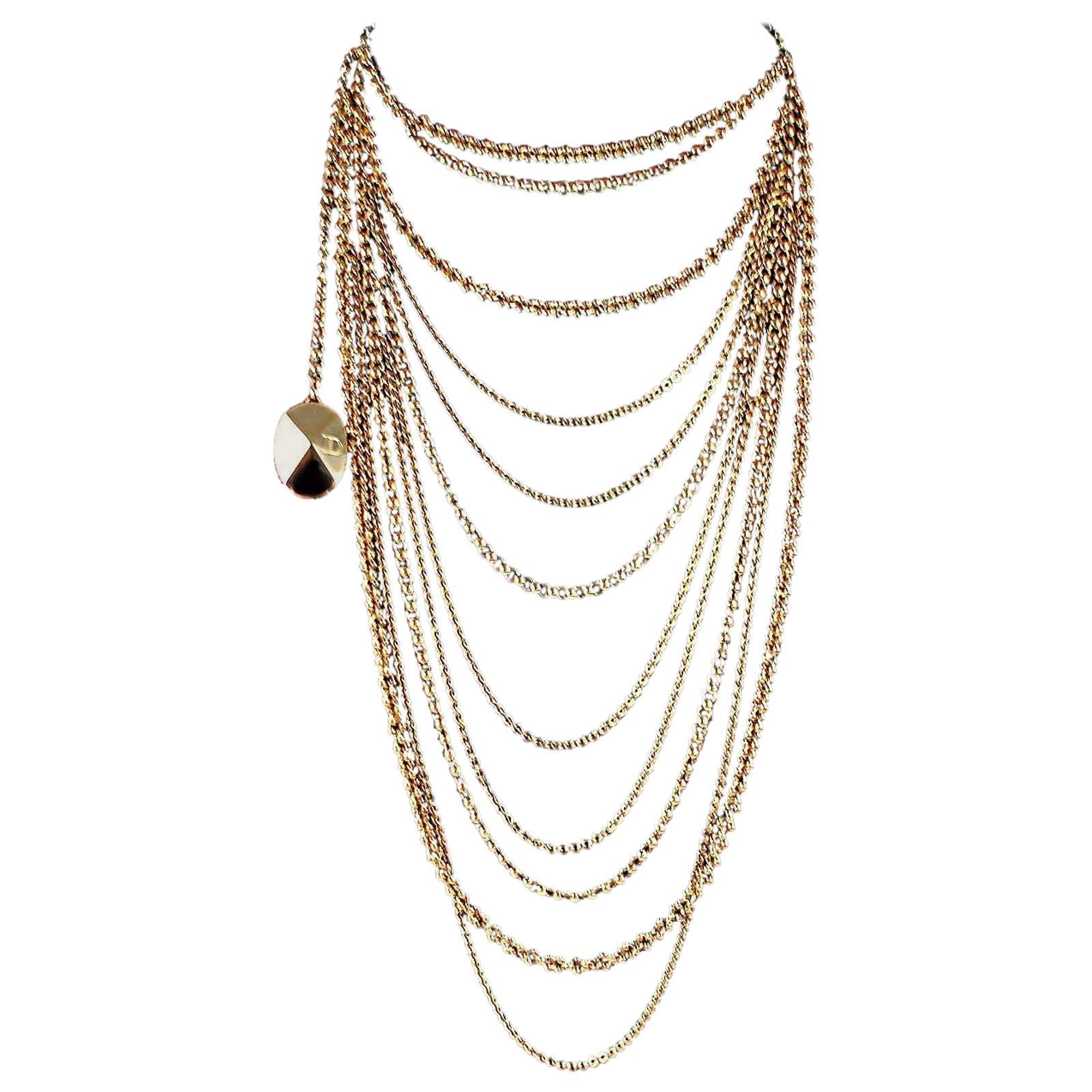 Christian Dior Necklace - Multistrand Gold Layered Chain Logo Choker Charm Pearl
