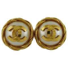 Chanel Vintage Faux Pearl CC Clip-On Earrings Spring 1995