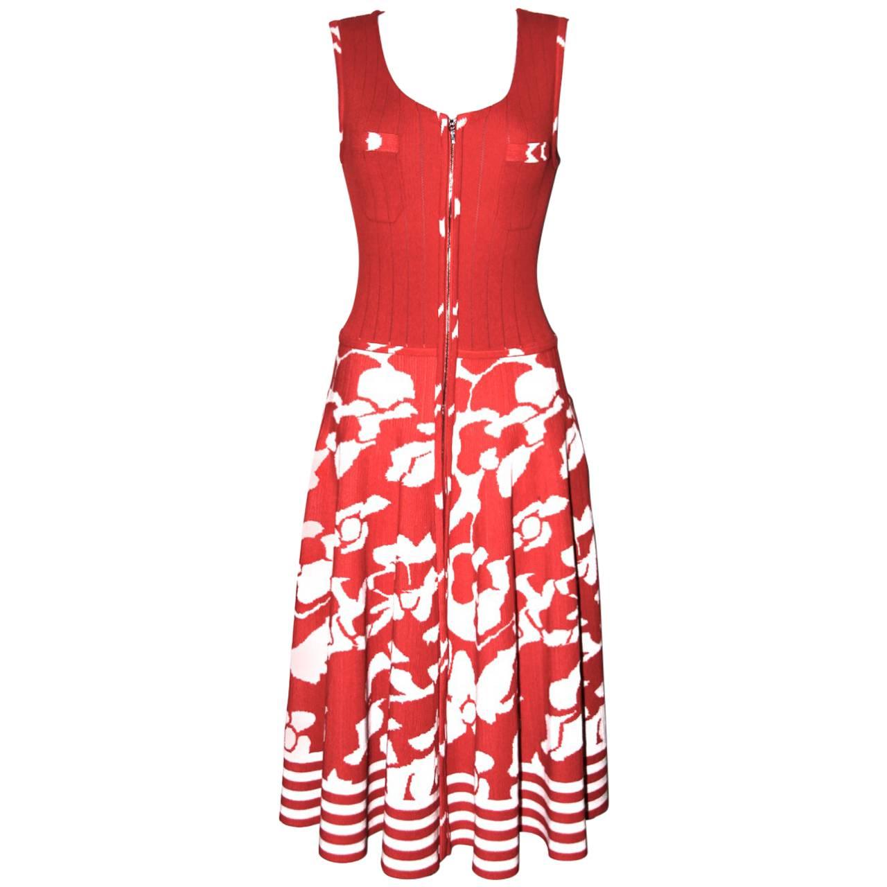 Chanel Red/White Stretch Knit Floral Dress 