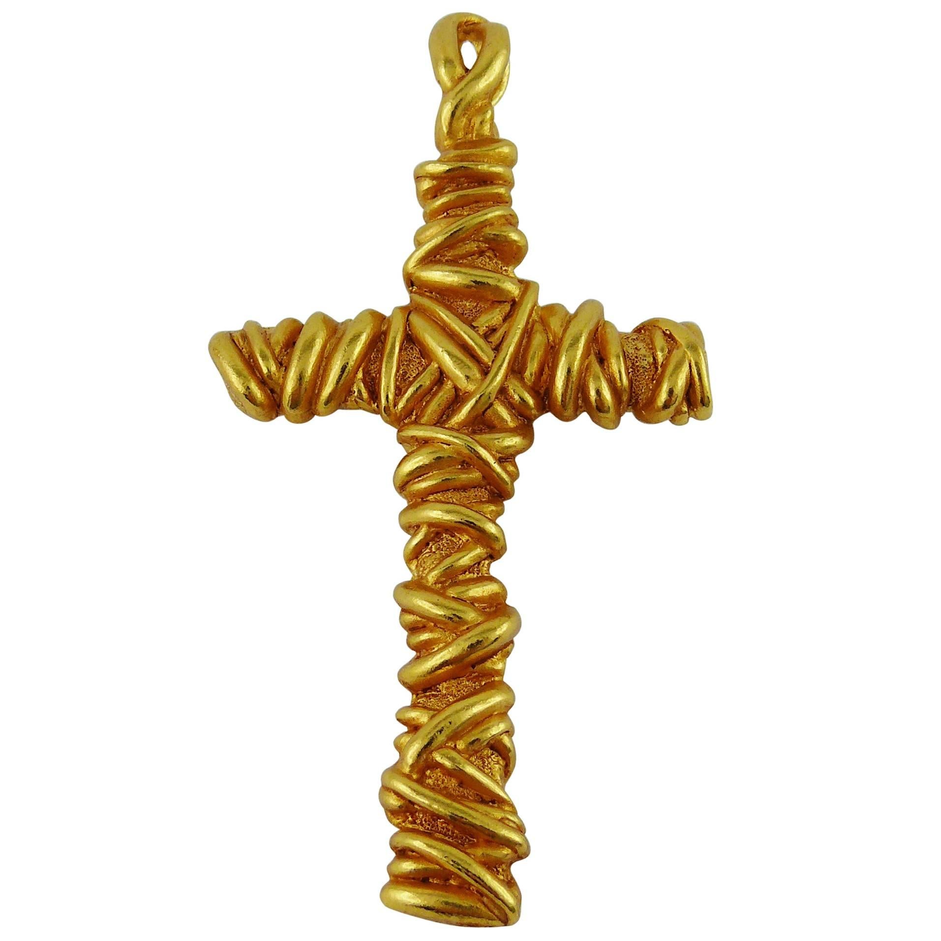 Christian Lacroix Vintage Gold Toned Wired Cross Pendant
