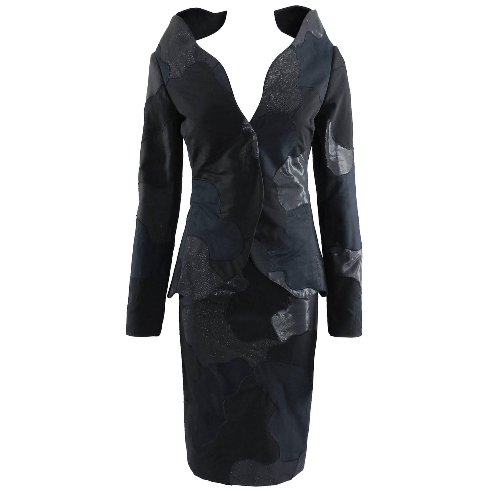 Alexander McQueen 2004 Black Patchwork Skirt Suit - Stand up Collar