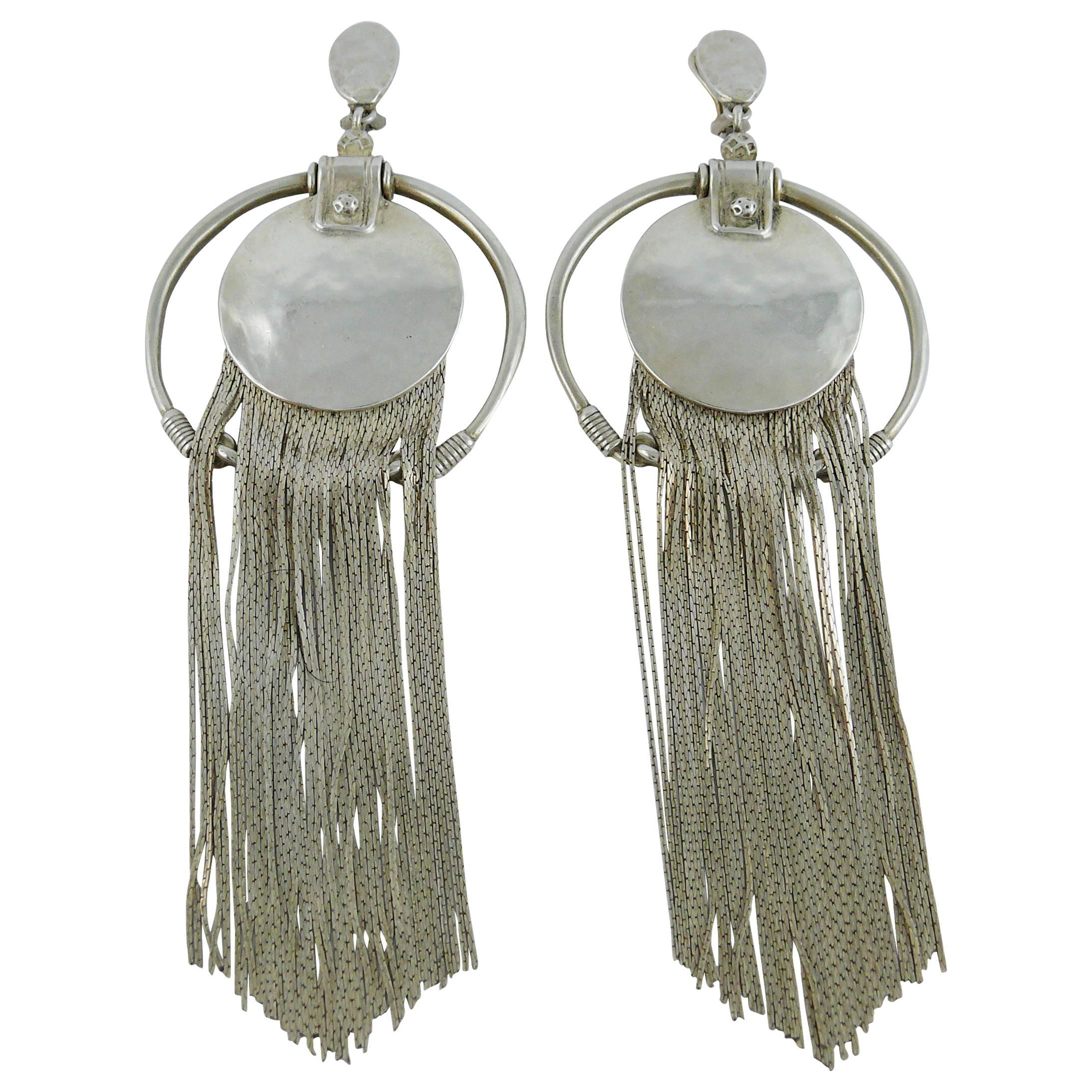 Jean Paul Gaultier Vintage Sterling Silver Fringed Hoop Dangling Earrings