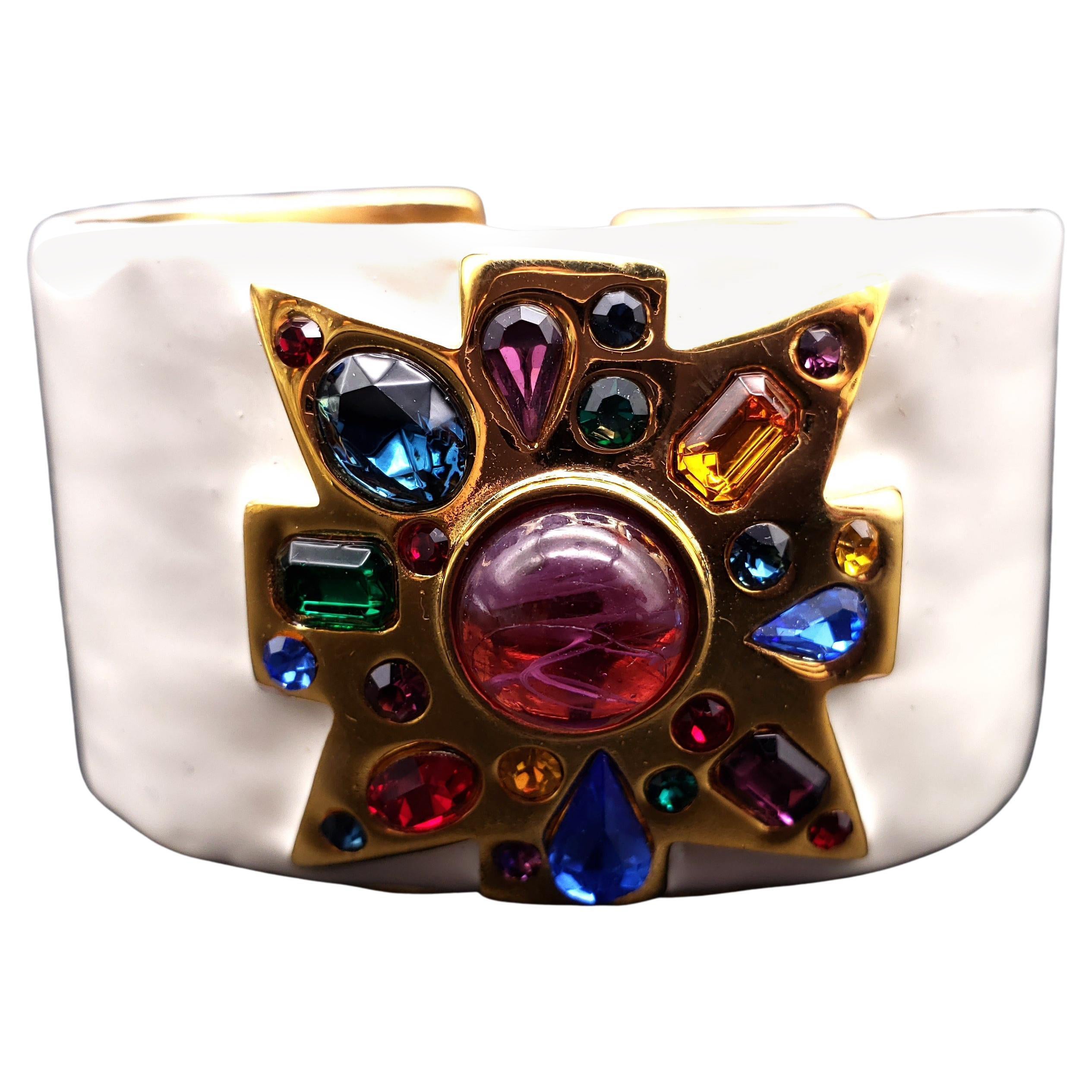 KJL Kenneth Jay Lane Crystal Maltese Cross, White Enamel Hinged Cuff Bracelet For Sale