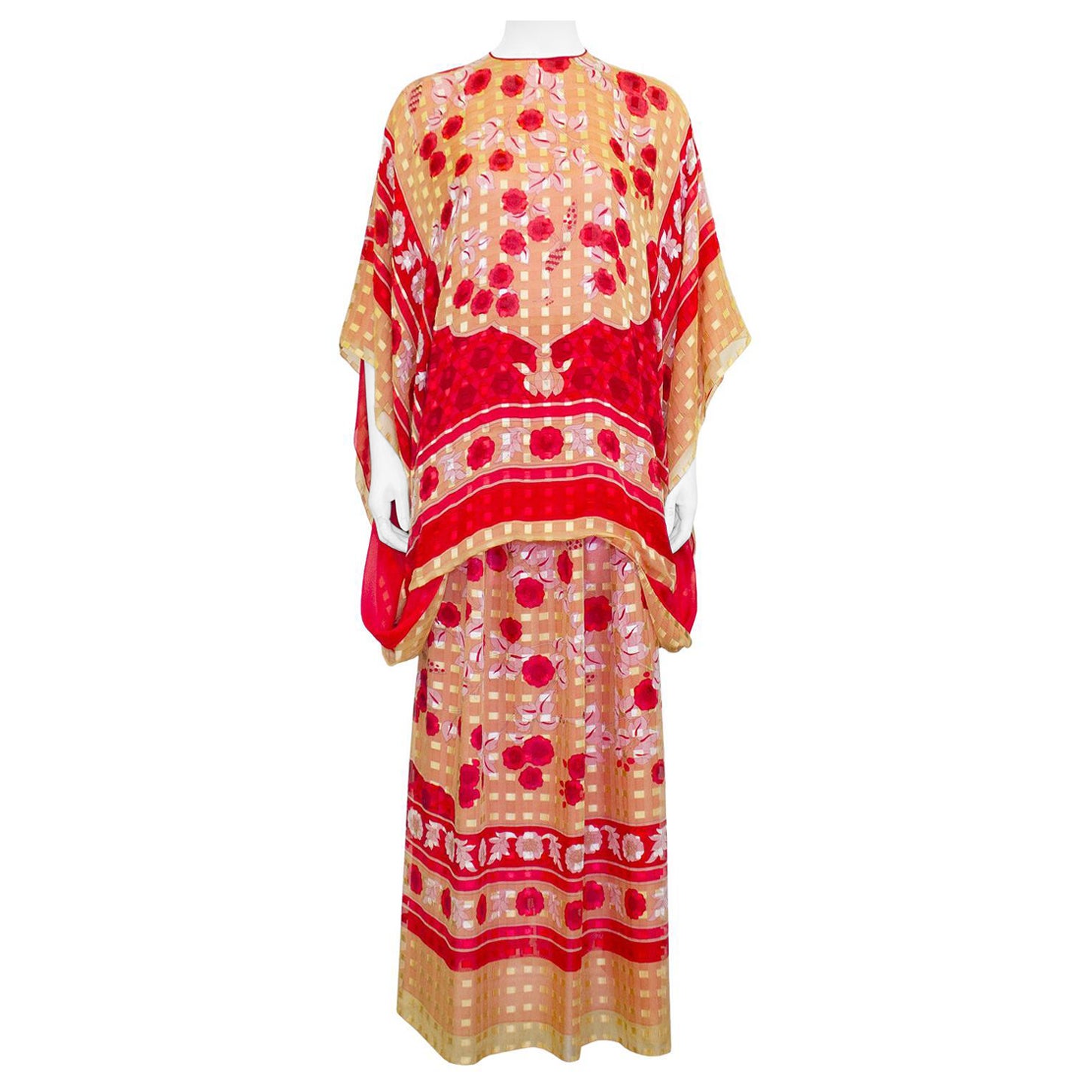 1980s Pauline Trigère Red and Gold Print Silk Ensemble  For Sale