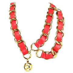 Chanel Necklace - Belt Vintage Red Leather CC Charm Gold Chain Woven Coin Logo