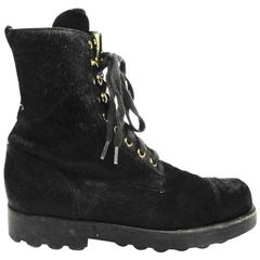 Chanel Combat Boots - US 6.5 36.5 Black Ponyhair Fur CC Motorcycle Lace Up Shoes