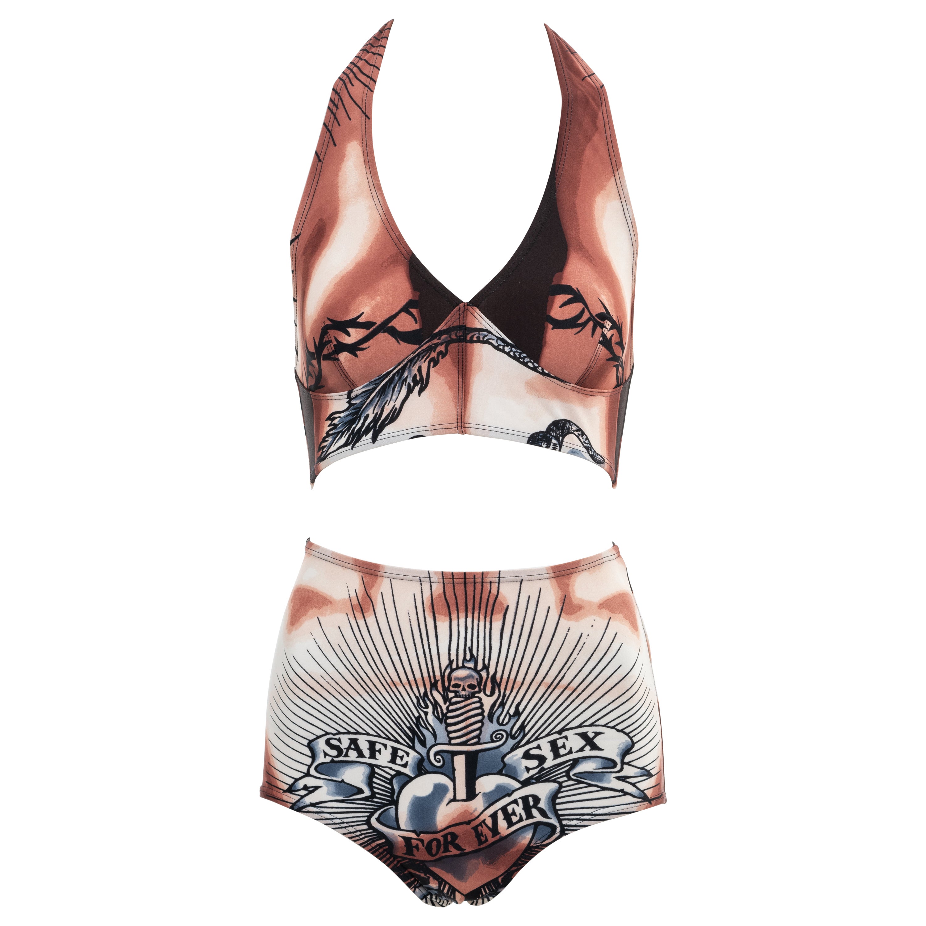 Jean Paul Gaultier 'Safe Sex Forever' tattoo print 2 piece set, ss 1996 For Sale