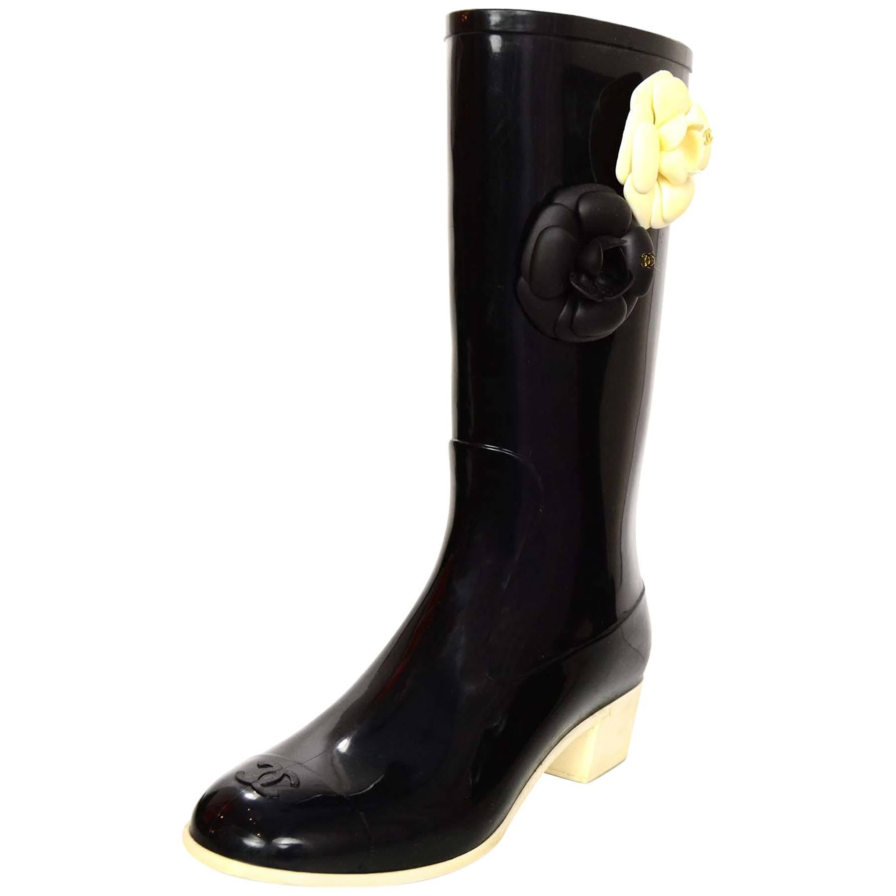 Chanel Black and White Camellia Rain Boots Sz 40