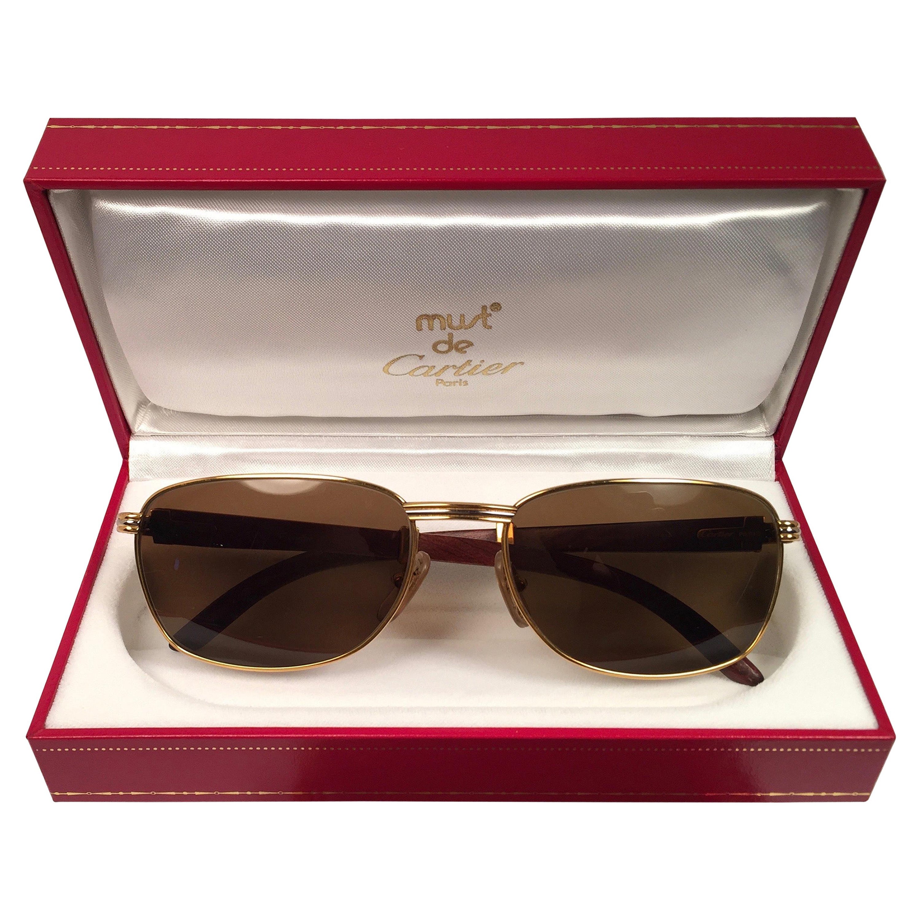 Vintage Cartier Wood Amboise 56mm Gold and Precious Wood Brown Lens Sunglasses  For Sale