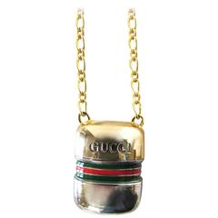 Gucci 1980's Vintage Red & Green Enamel Gold Plated Pill Box Necklace